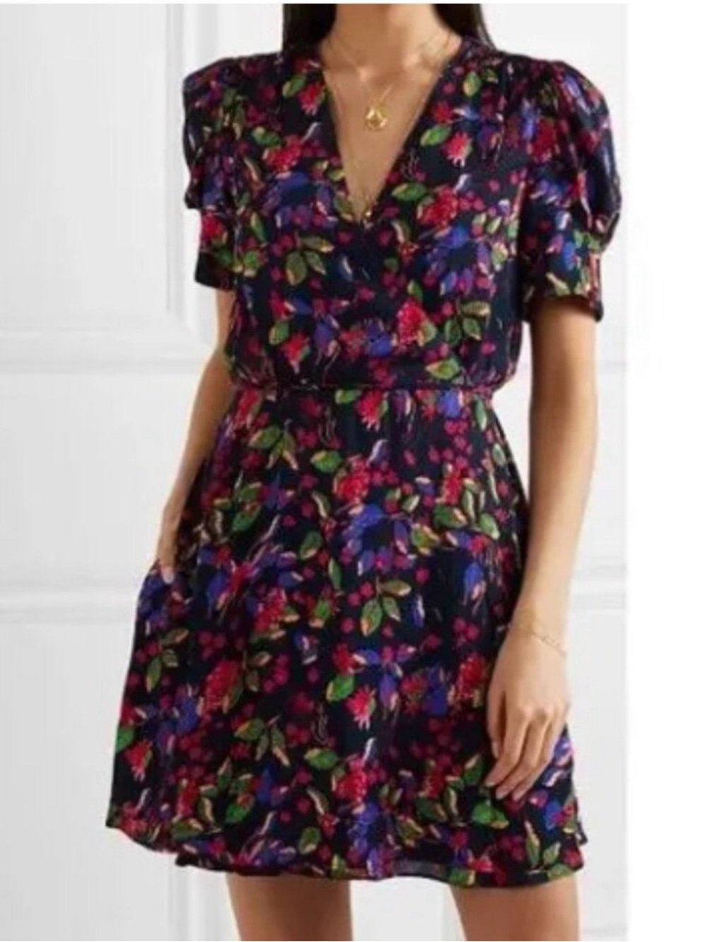 Saloni Lea Wrap Mini Dress in Carolotta Indigo Floral size 4